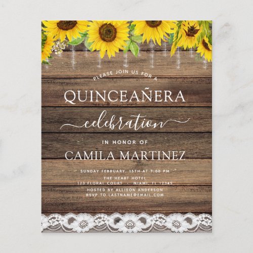 Budget Quinceanera Sunflower Rustic Invitation Flyer