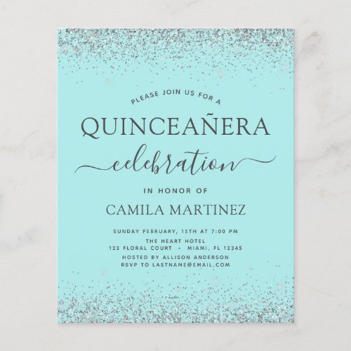 Budget Quinceanera Teal Blue Silver Glitter Flyer