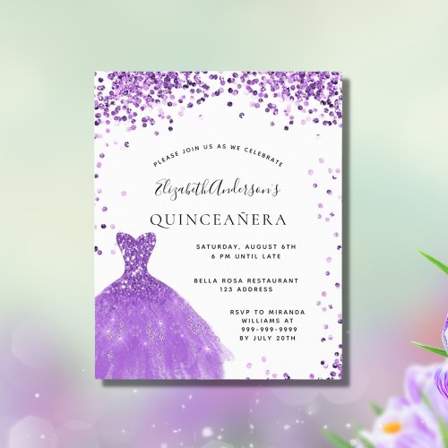 Budget Quinceanera violet white dress glitter