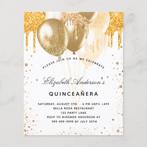 Budget Quinceanera white gold balloons invitation