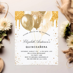 Budget Quinceanera white gold balloons invitation