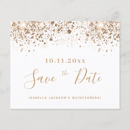 Budget Quinceanera white gold save the date (Front)