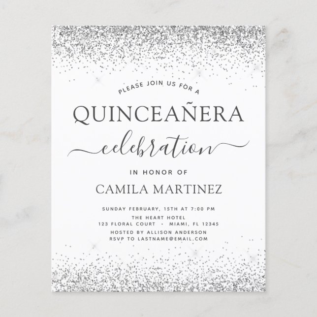 Budget Quinceanera White Silver Glitter Invitation (Front)