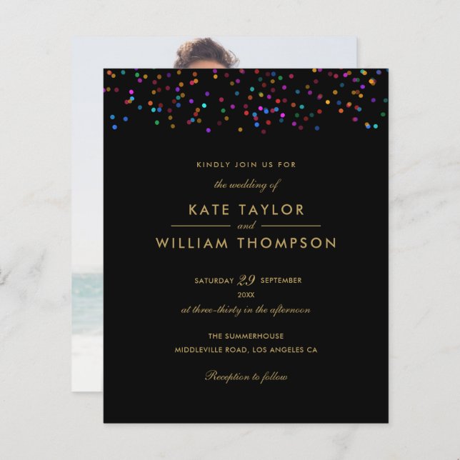 Budget Rainbow Confetti Black Photo Wedding Invite (Front/Back)