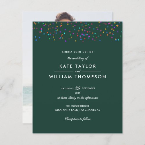 Budget Rainbow Confetti Emerald Wedding Invite