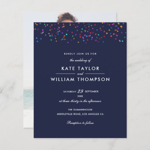 Budget Rainbow Confetti Navy Blue Wedding Invite