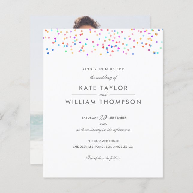 Budget Rainbow Confetti Photo Wedding Invitation (Front/Back)