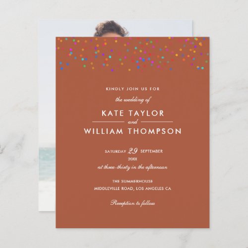 Budget Rainbow Confetti Terracotta Wedding Invite