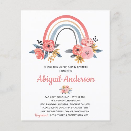 Budget Rainbow Floral Baby Sprinkle Invitation Flyer