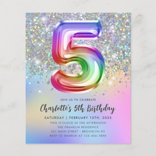 Budget Rainbow Glitter Foil Balloon 5th Birthday (Front)