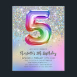 Budget Rainbow Glitter Foil Balloon 5th Birthday<br><div class="desc">Glam Holographic Rainbow Glitter Foil Pastel Balloon Girl Boy 5th Birthday Invitation</div>