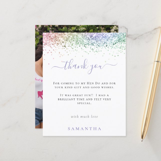 Budget Rainbow Glitter Photo Hen Do Thank You (Front/Back In Situ)