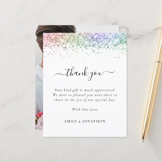 Budget Rainbow Glitter Photo Wedding Thank You (Front/Back In Situ)
