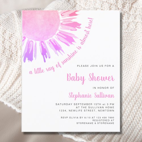 Budget Ray of Sunshine Pink Baby Shower Invitation