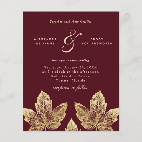 Budget Red And Gold Rustic Leaves Wedding Invite