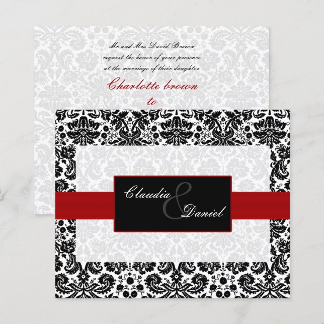 Budget Red Black Damask Wedding Invitation (Front/Back)