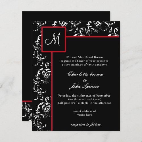 Budget Red Black Damask Wedding Invitations