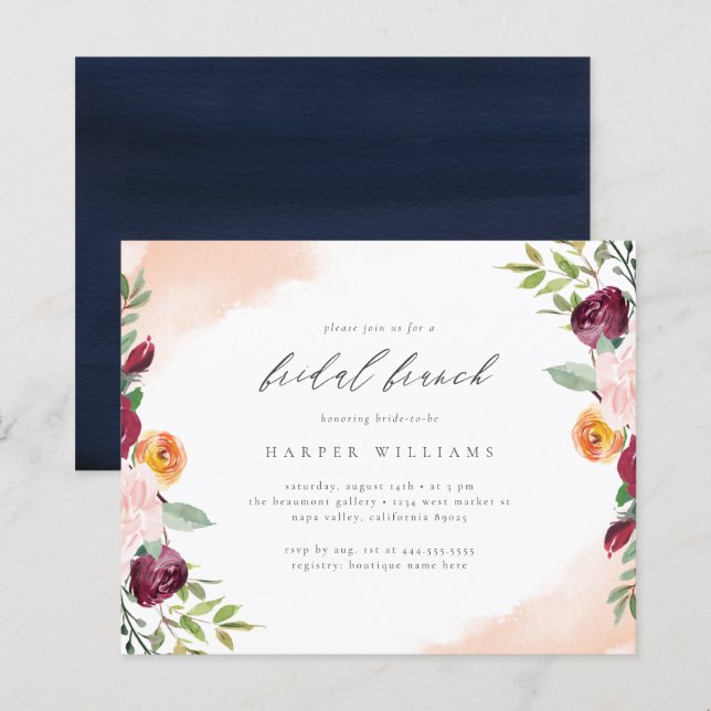 Budget Red Blush Floral Botanical Bridal Brunch (Front/Back)