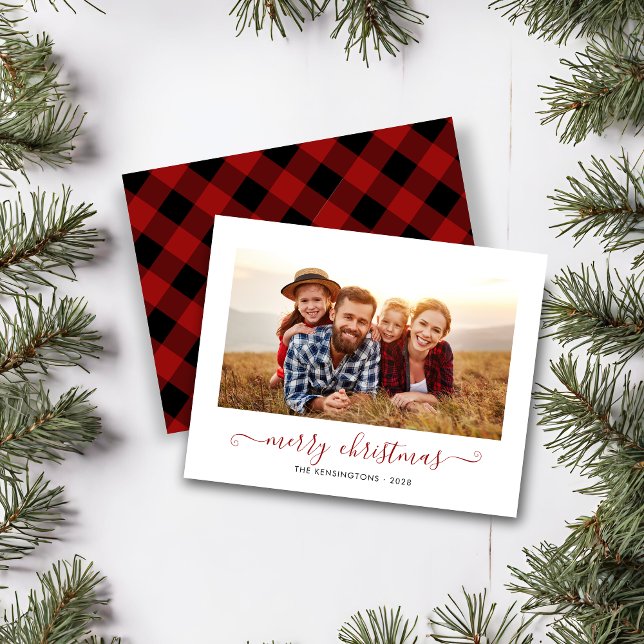 BUDGET Red Buffalo Plaid Script Christmas Photo (BUDGET Red Buffalo Plaid Script Christmas Photo Card)