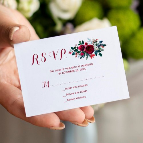 Budget red burgundy winter floral wedding RSVP Enclosure Card