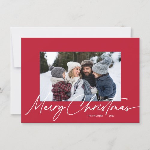 Budget Red Christmas Calligraphy Simple 3 Photo Holiday Card