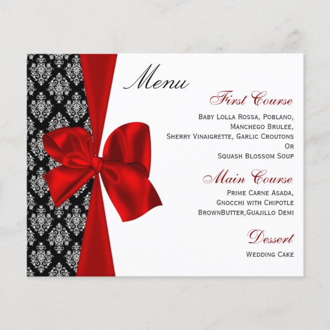 Budget Red Damask Wedding Menu (Front)