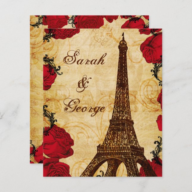 Budget Red Eiffer Tower Vintage Wedding Invitation (Front/Back)