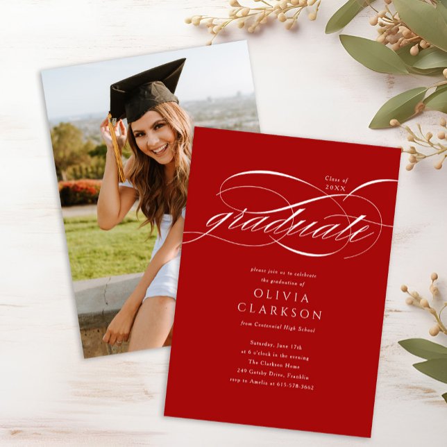 Budget Red Elegant Script Photo Graduation Party Invitation (Creator Uploaded)