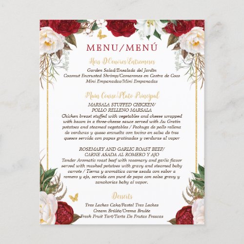 Budget Red Floral Bilingual Quinceaera Menu