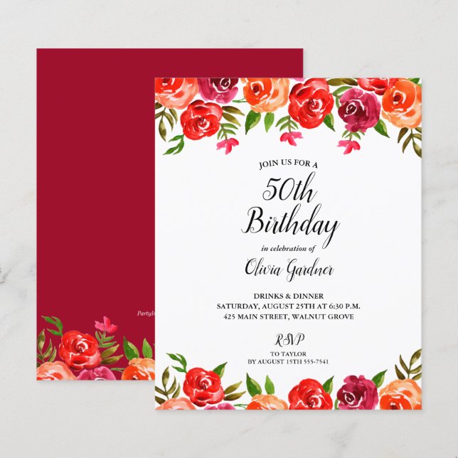 Budget Red Floral Birthday Invitations (Front/Back)