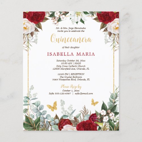 Budget Red Floral Butterfly Quinceaera Invitation