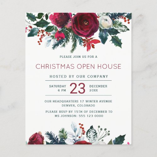 Budget red floral Christmas open house Invitation