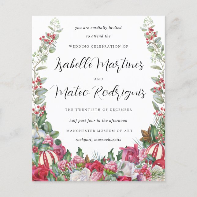Budget Red Floral Christmas Wedding Invitation (Front)