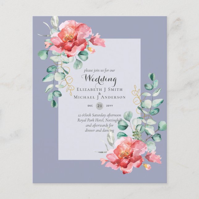 BUDGET Red Floral Eucalyptus Greenery Leaf WEDDING Flyer (Front)