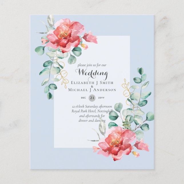 BUDGET Red Floral Eucalyptus Greenery Leaf WEDDING Flyer (Front)