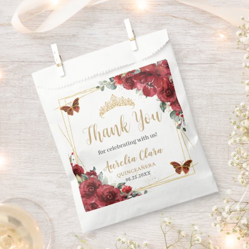 Budget Red Floral Gold Butterfiles Quinceanera XV Favor Bag