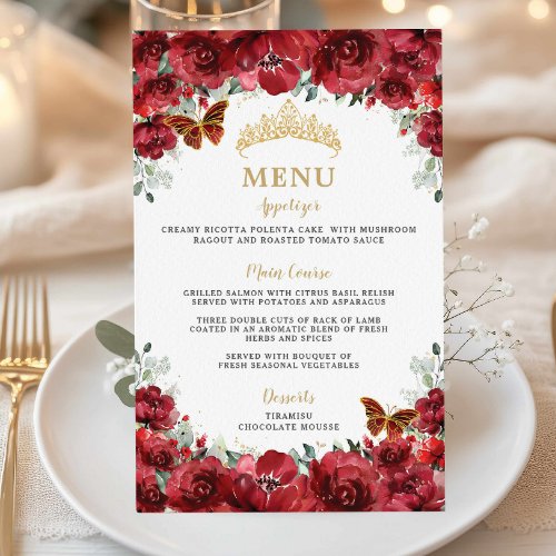 Budget Red Floral Gold Quincea&#241;era Sweet 16 Menu