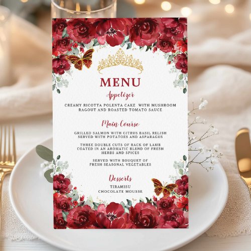 Budget Red Floral Gold Sweet 16 Quincea&#241;era Menu Flyer