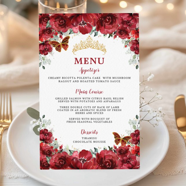 Budget Red Floral Gold Sweet 16 Quinceañera Menu Flyer (Creator Uploaded)