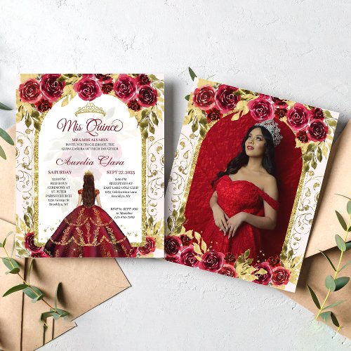 BUDGET Red Floral Princess Gold Photo Quinceanera