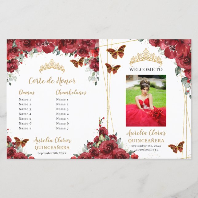 Budget Red Floral Quinceanera Photo Event Programs (Front)
