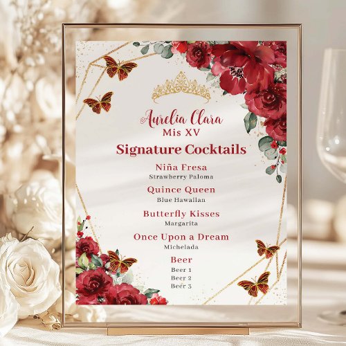 Budget Red Floral Quinceanera XV Birthday Bar Menu