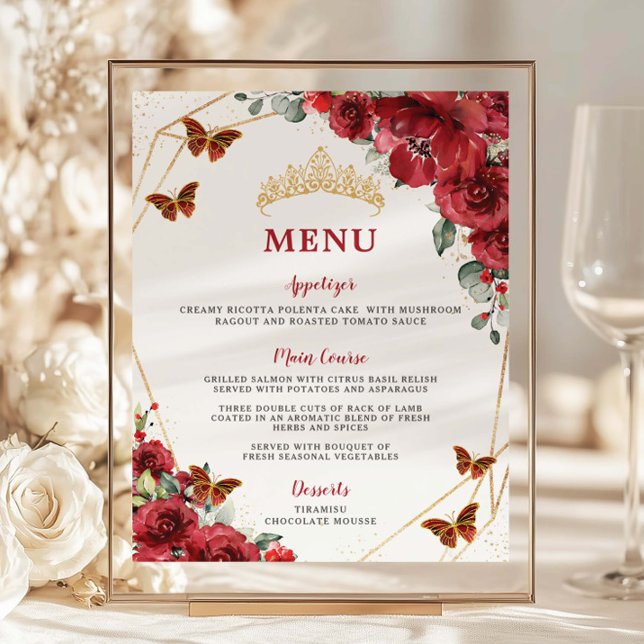 Budget Red Floral Quinceanera XV Birthday Menu  (Creator Uploaded)