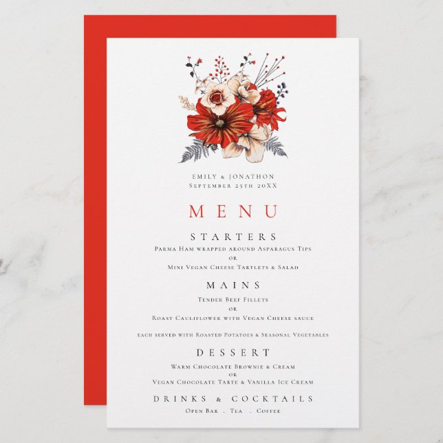 Budget Red Florals Foliage Wedding Menu (Front/Back)