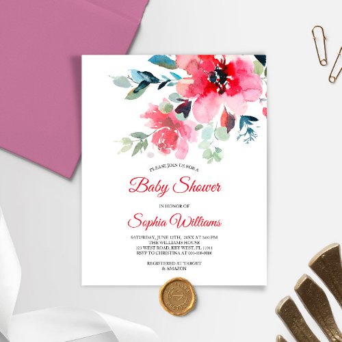 Budget Red Flowers Baby Shower Invitation