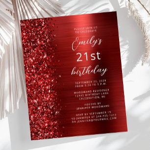 Budget Red Glam Glitter 21st Birthday Invite