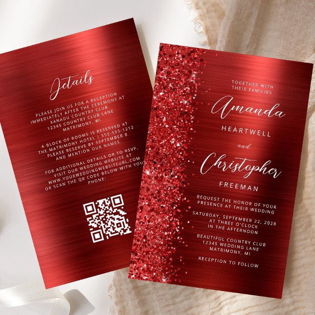 Budget Red Glam QR Code Wedding Invitation (Creator Uploaded)