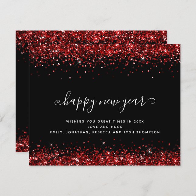 Budget Red Glitter Black Happy New Year Card (Front/Back)