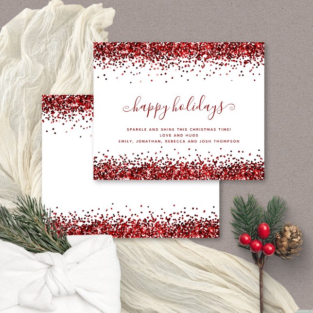 Budget Red Glitter Borders Happy Holidays Card (Budget price 4.5 x 5.6" alternative. Front and back view)