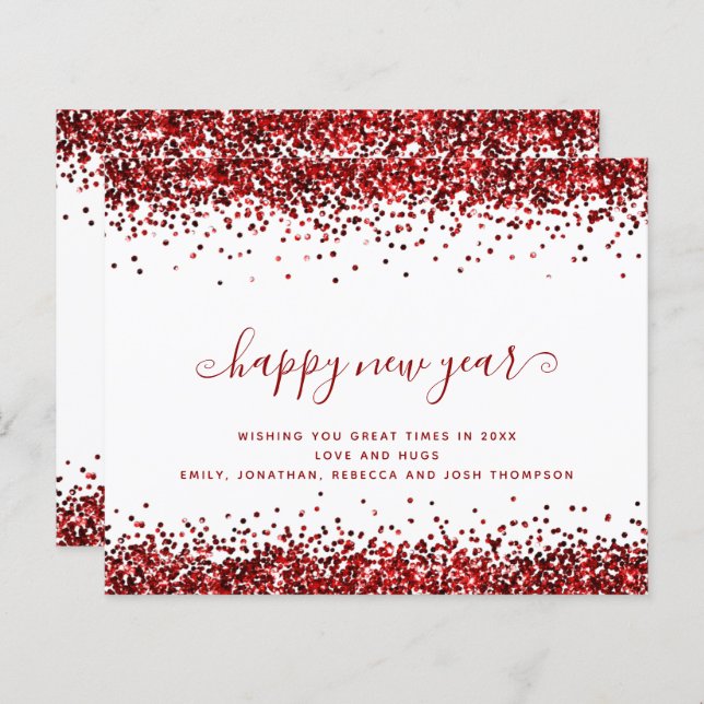 Budget Red Glitter Borders Happy New Year Card (Front/Back)